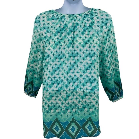 BeachLunchLounge Aqua Azetec Design 3/4 Sleeve Tunic Top Large - Picture 7 of 10